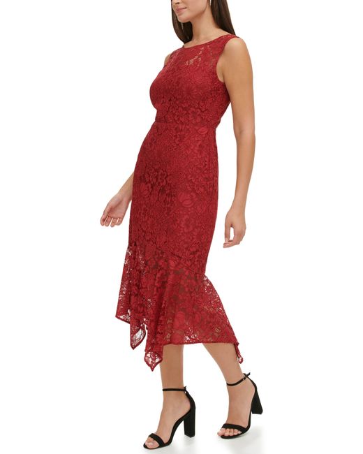 Kensie Red Floral Lace Asymmetric Dress