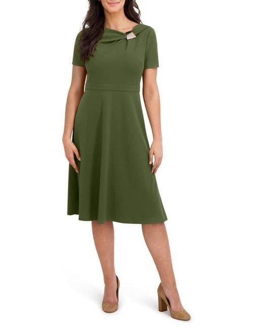 London Times Green Hardware Neck Fit & Flare Midi Dress