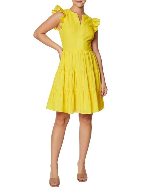 Laundry by Shelli Segal Yellow Tiered Flutter Sleeve Cotton Dress