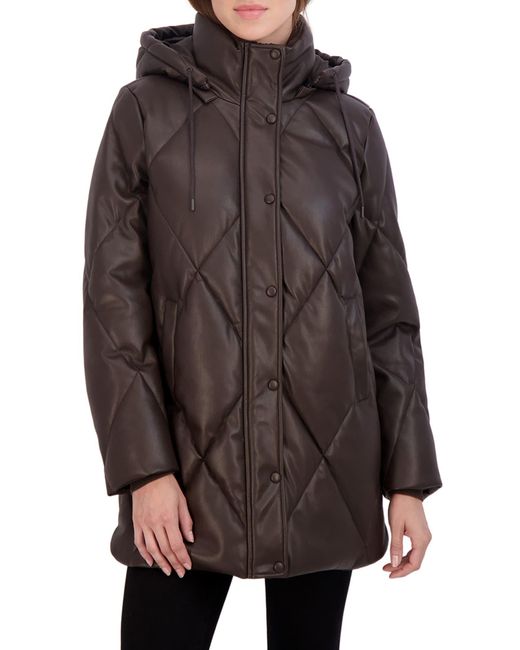 Sebby Faux Leather Hooded Puffer Jacket in Brown | Lyst