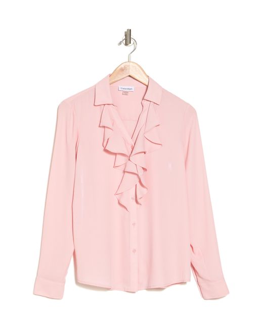 Calvin Klein Pink Ruffle Long Sleeve Button-up Top