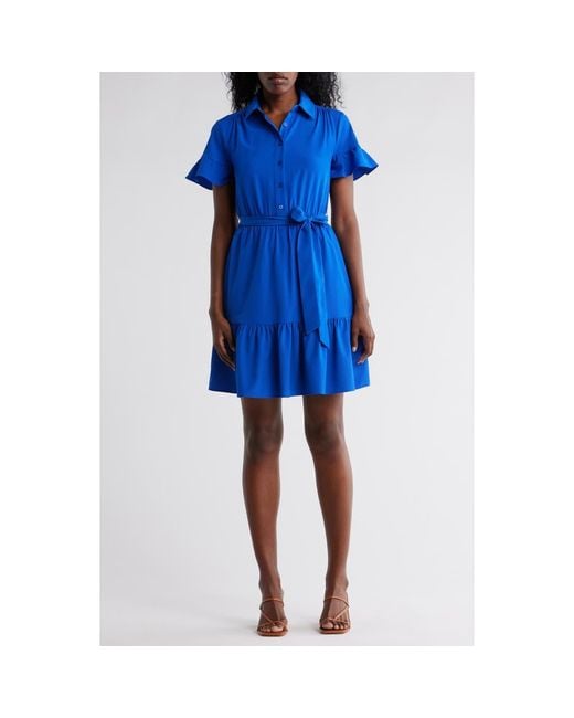 DKNY Blue Tie Waist Ruffle Hem Dress