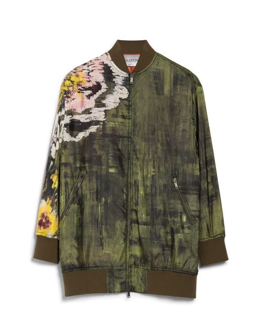 Valentino Green Floral Silk Bomber Jacket