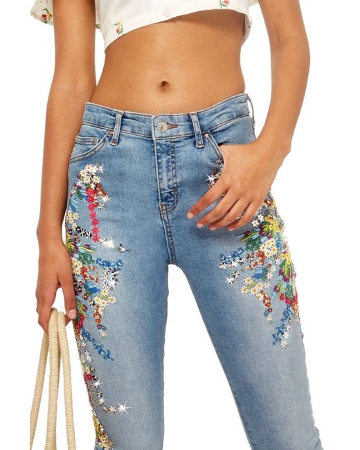 TOPSHOP Blue Moto Jamie Ditzy Embroidered Jeans