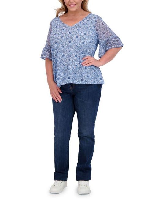 Lucky Brand Blue Mixed Media Flutter Sleeve Top