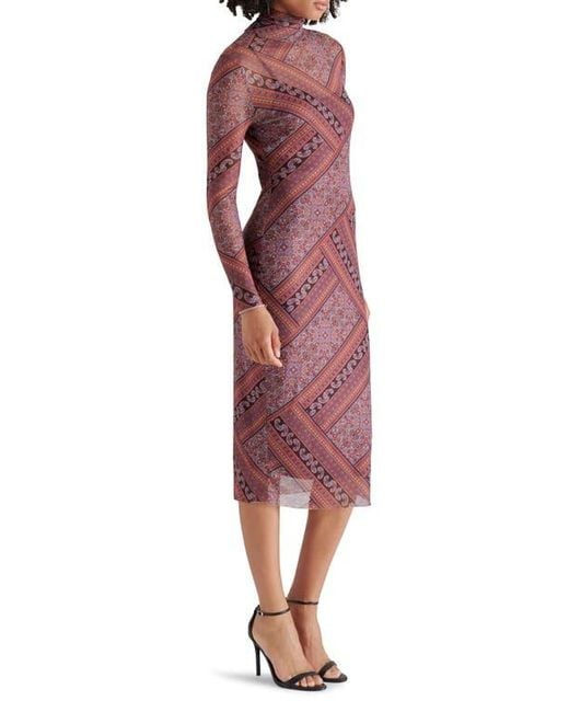 Steve Madden Red Vivienne Scarf Print Long Sleeve Turtleneck Mesh Midi Dress