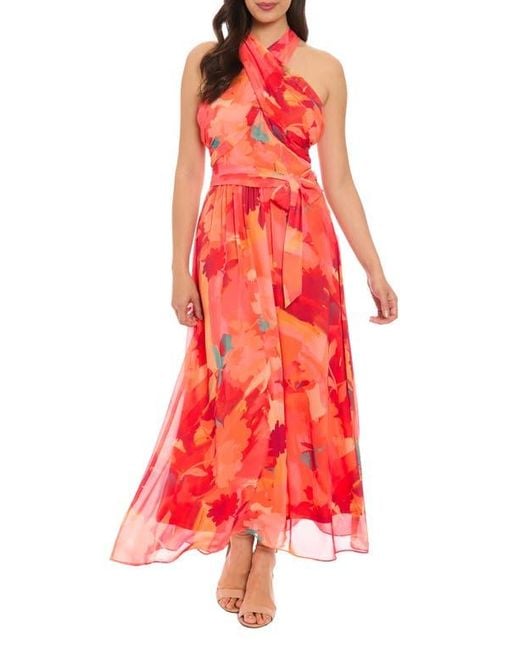 London Times Crossover Halter Neck Chiffon Maxi Dress in Red | Lyst