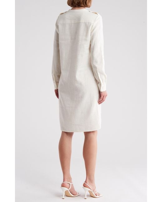 Calvin Klein White Front Button Long Sleeve Linen Blend Dress