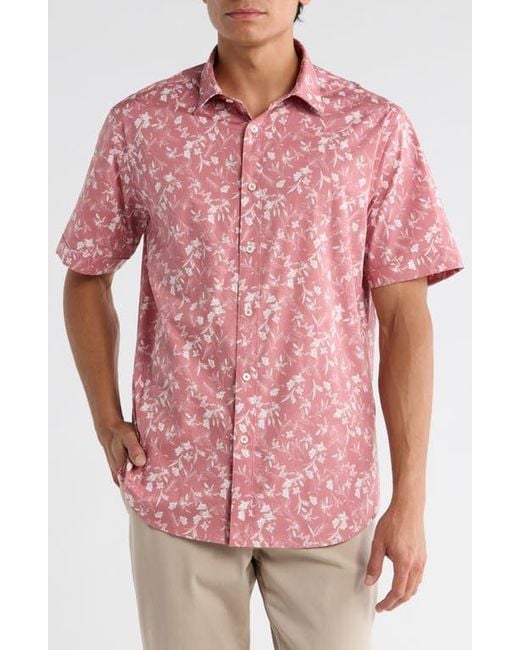 Bugatchi Pink Orson Short Sleeve Stretch Cotton Button-Up Shirt for men