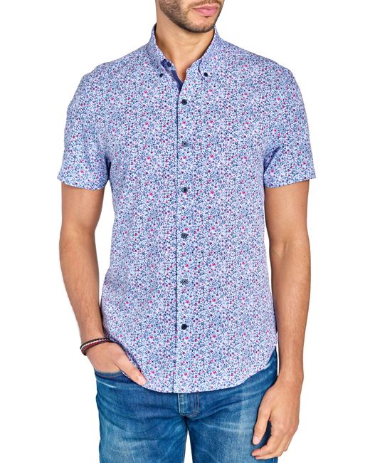Con.struct Blue Slim Fit Abstract Floral Four-way Stretch Performance Short Sleeve Button-down Shirt for men