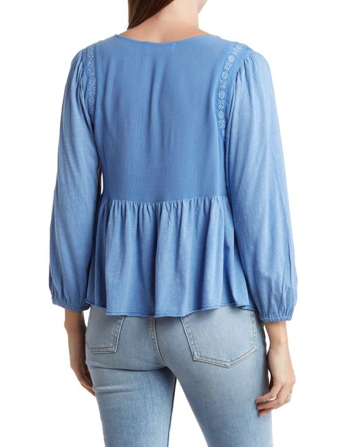 Lucky Brand Blue Embroidered Yoke Long Sleeve Blouse
