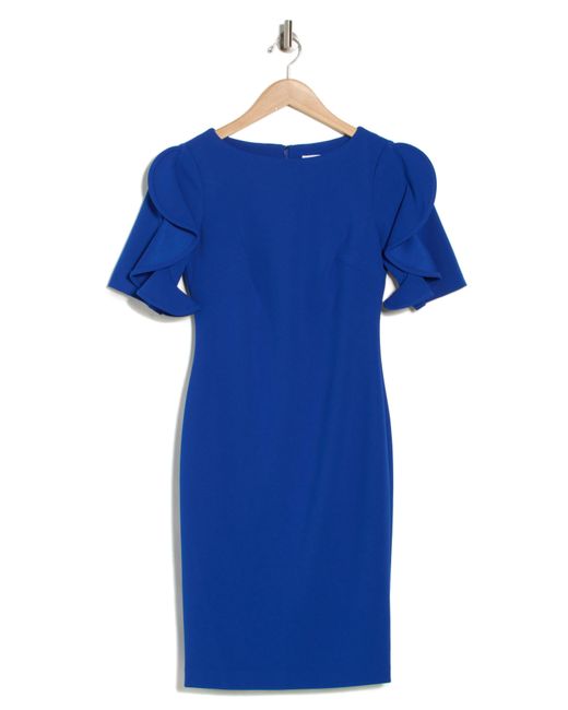 Calvin Klein Blue Ruffle Sleeve Scuba Crepe Sheath Dress