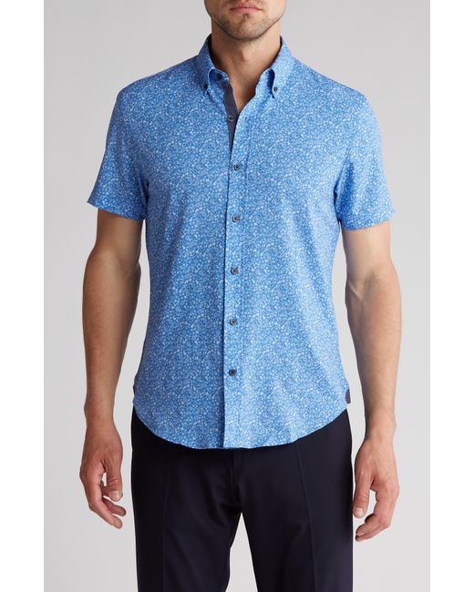 Con.struct Blue Slim Fit Micro Paisley Short Sleeve Four-way Stretch Performance Button-up Shirt for men