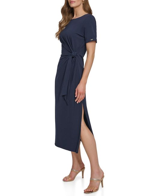 DKNY Blue Wrap Detail Stretch Cotton Midi Dress