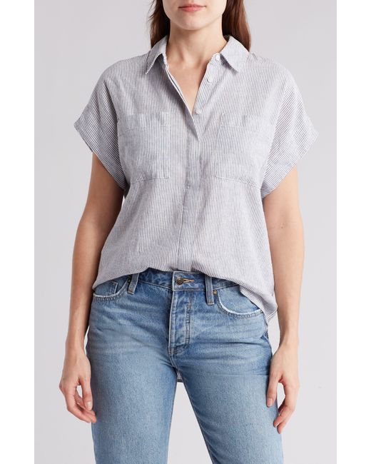Caslon Blue Oversize Stripe Short Sleeve Button-up Shirt