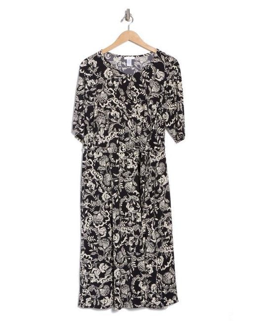 London Times Black Floral Elbow Sleeve Side Tie Fit & Flare Midi Dress