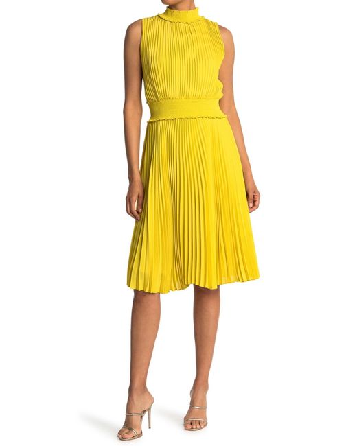 Nanette Lepore Yellow Pleated Sleeveless Smock Neck & Waist Midi Dress