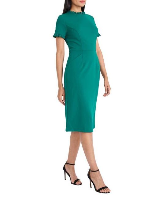 Maggy London Green Ruffle Short Sleeve Pocket Sheath Dress