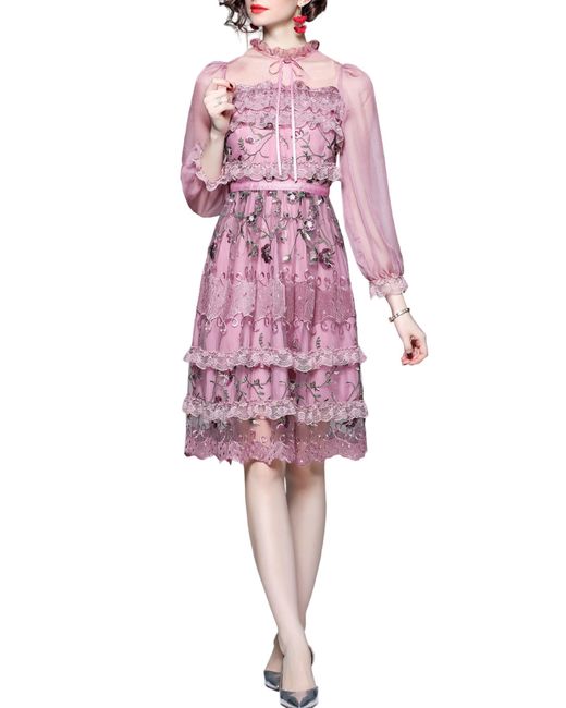 Kaimilan Pink Embroidered Mesh Long Sleeve Dress
