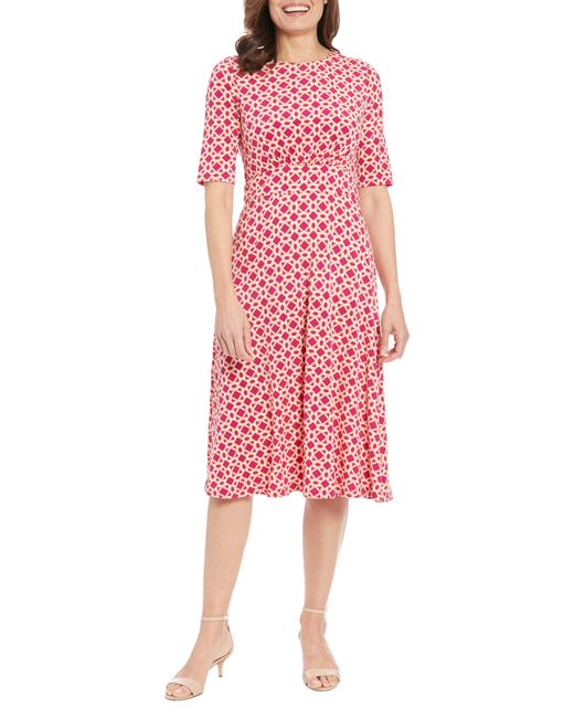 London Times Pink Geo Print Elbow Sleeve Fit & Flare Dress