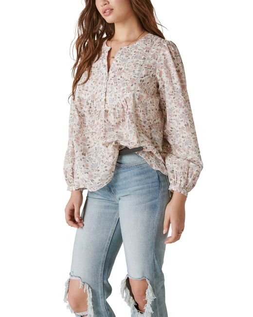 Lucky Brand Multicolor Lace Inset Long Sleeve Cotton Top