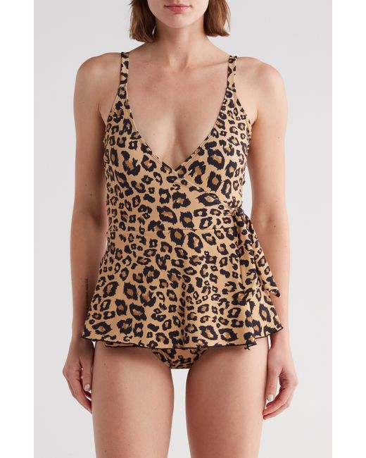 Betsey Johnson Brown Floral Faux Wrap Swim Dress