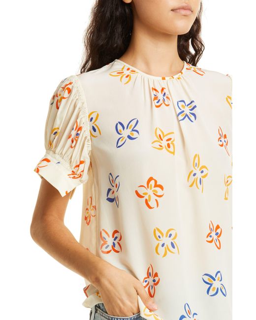Rebecca Taylor White Flame Floral Print Puff Sleeve Silk Blouse