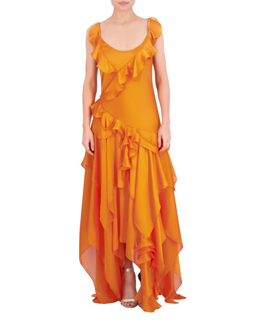 BCBGMAXAZRIA Orange Ruffle Chiffon Gown