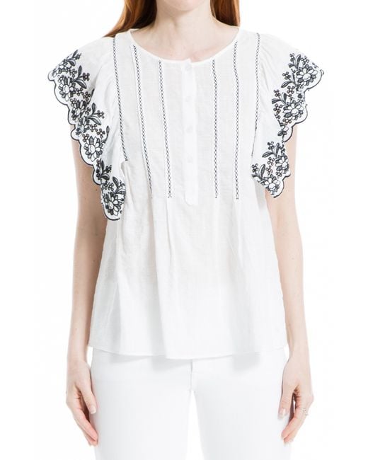 Max Studio White Embroidered Flutter Sleeve Blouse