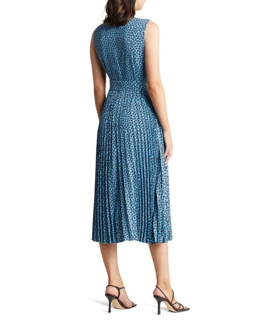 Tahari Blue Sleeveless Pleated Midi Dress