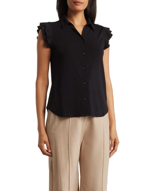 Adrianna Papell Black Pleated Cap Sleeve Button-up Shirt
