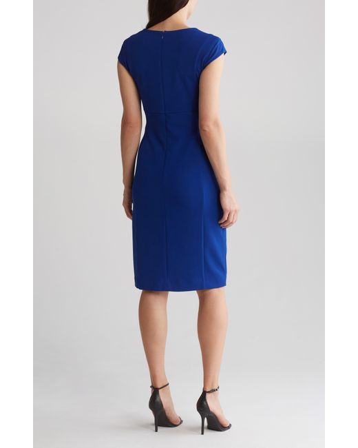 Tahari Blue Notched Neck Sheath Dress