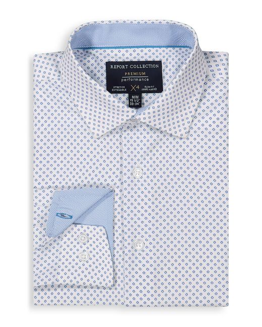 Report Collection Blue Printed 4-way Stretch Slim Fit Dress Shirt for men