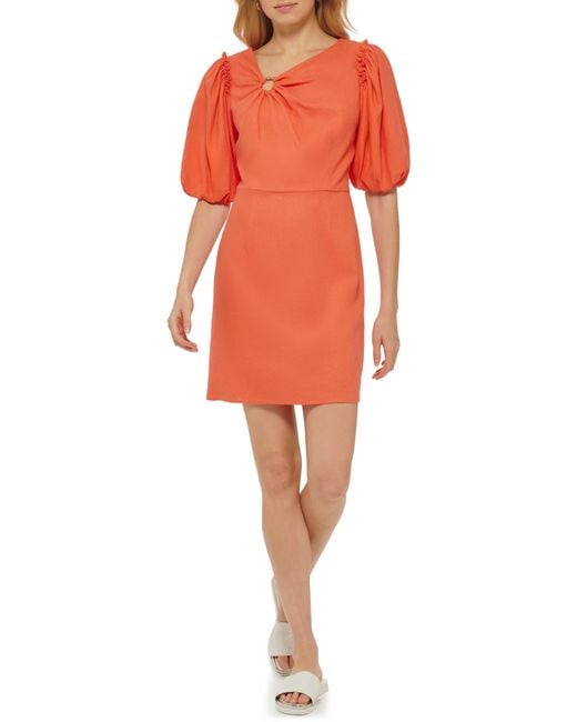DKNY Orange Ring Puff Sleeve Linen Blend Sheath Minidress