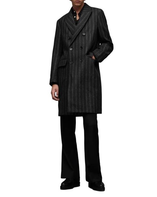 AllSaints Black Lovell Stripe Double Breasted Longline Wool & Cashmere Blend Coat for men
