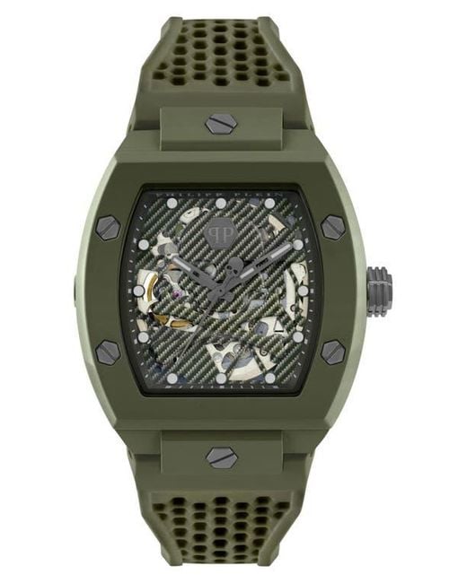 Philipp Plein Green The $Keleton Ecoceramic Automatic Silicone Strap Watch for men