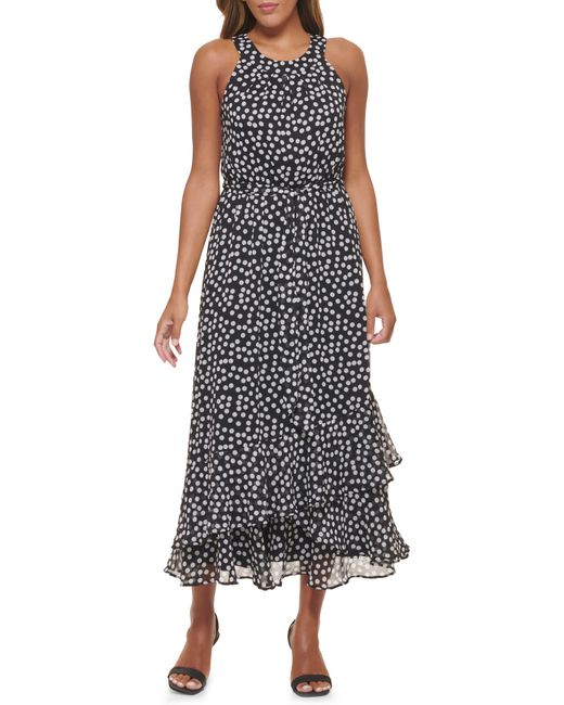 Calvin Klein Black Polka Dot Halter Chiffon Midi Dress