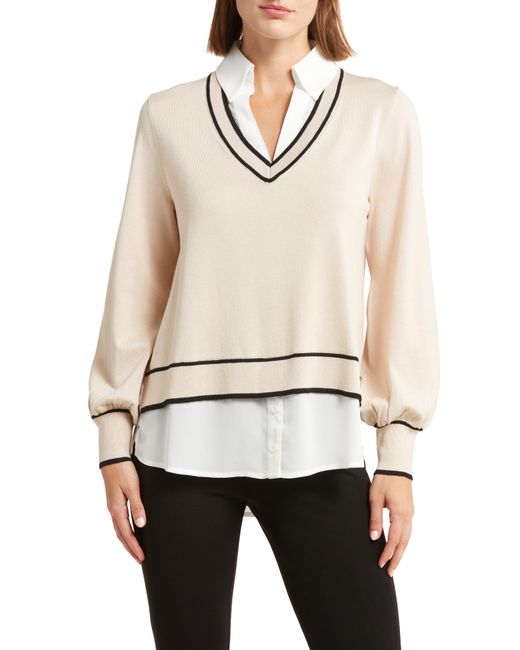 Adrianna Papell Twofer Tipped V neck Sweater Vest Layered Blouse