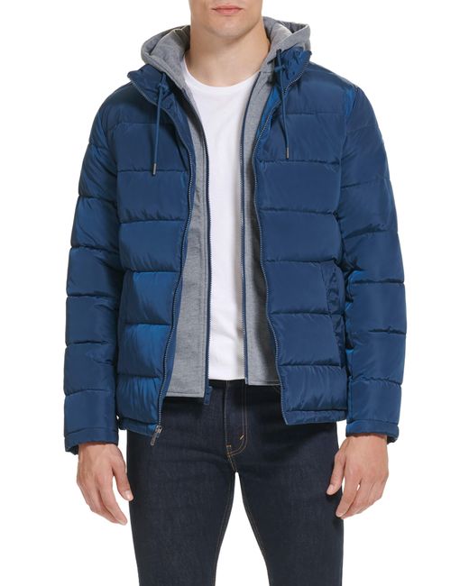Kenneth Cole Hooded Faux Layer Puffer Jacket In Marine At Nordstrom ...