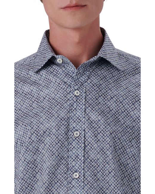 Bugatchi Blue Shaped Fit Clover Print Stretch Cotton Button-up Shirt for men