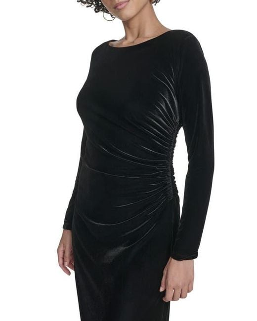 Calvin Klein Black Long Sleeve Ruched Velvet Gown
