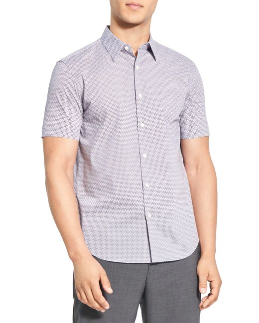 Theory Gray Irving Geo Print Stretch Short Sleeve Button-up Shirt for men