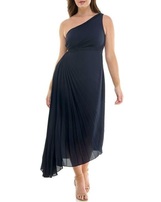 Nicole Miller Blue One Shoulder Pleat Midi Dress