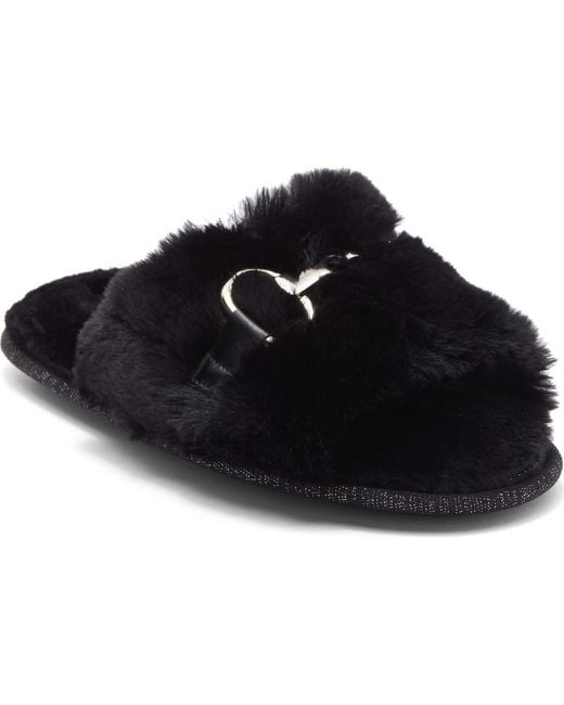 BCBGMAXAZRIA Black Plush Horsebit Faux Fur Slipper