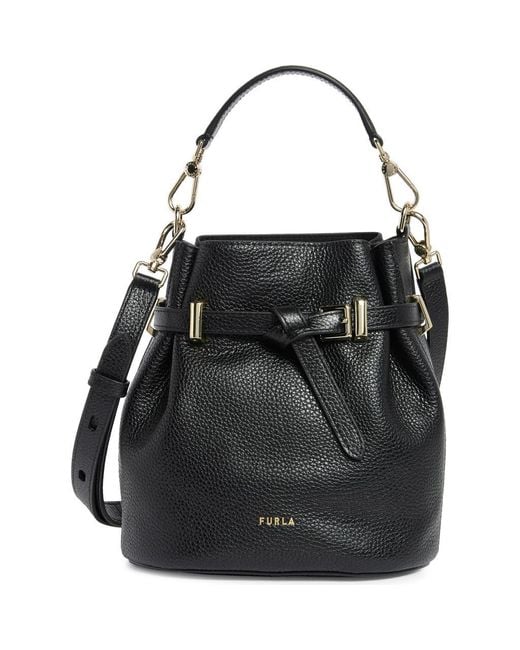 Furla Aura Mini Drawstring Leather Bucket Bag in Black | Lyst