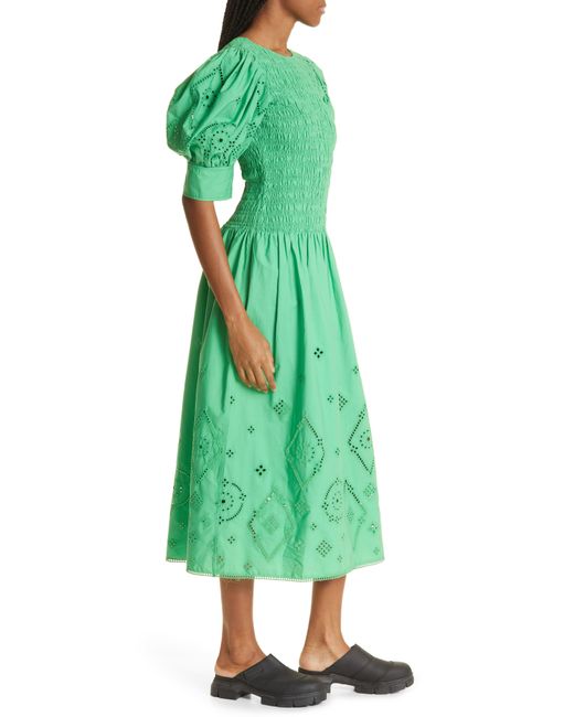 Ganni Green Eyelet Detail Puff Sleeve Organic Cotton Midi Dress