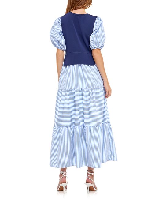 English Factory Blue Stripe Mixed Media Maxi Dress