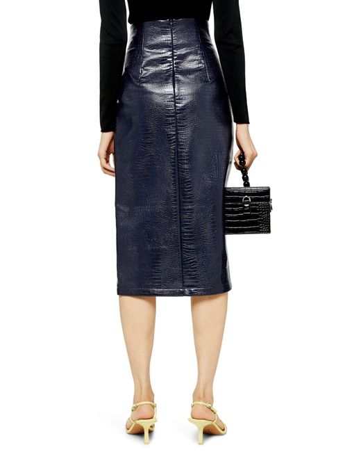 TOPSHOP Navy Crocodile Faux Leather Pu Pencil Skirt in Navy Blue (Blue) |  Lyst