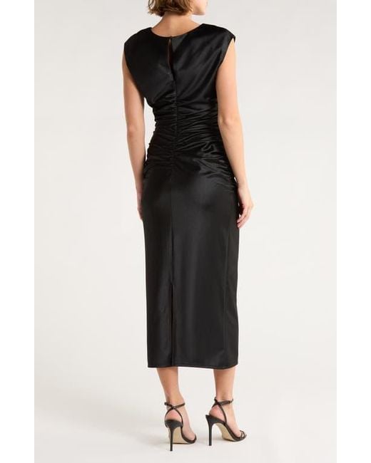 Chelsea28 Black Ruched Cap Sleeve Satin Midi Dress