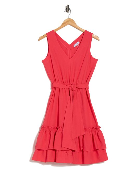 Calvin Klein Red Belted Ruffle Hem Gauze Dress